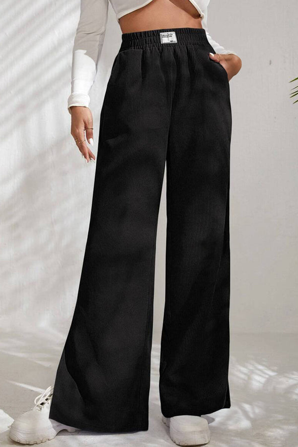 Black Solid Color Split Hem Wide Leg Corduroy Pants