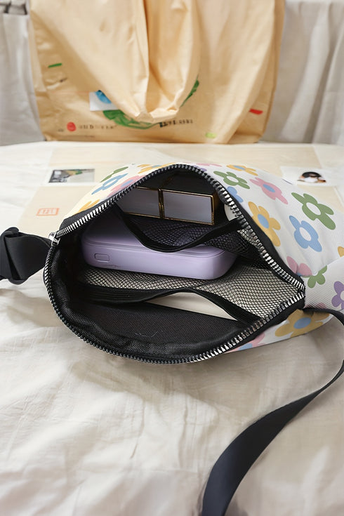 White Dainty Flower Printed Canvas Crossbody Bag