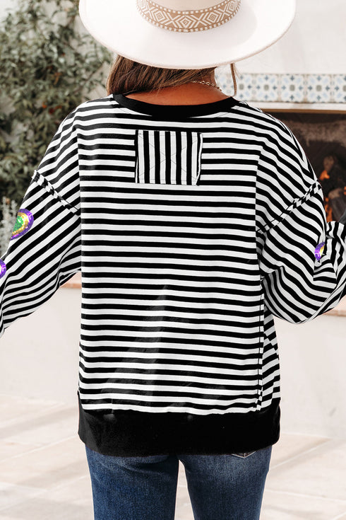 Black Stripe Raw Seam Detail Sequin Mardi Gras Heart Patched Graphic Long Sleeve Top