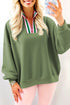Vineyard Green Contrast Striped Patchwork Zip Collar Pullover Sweatshirt