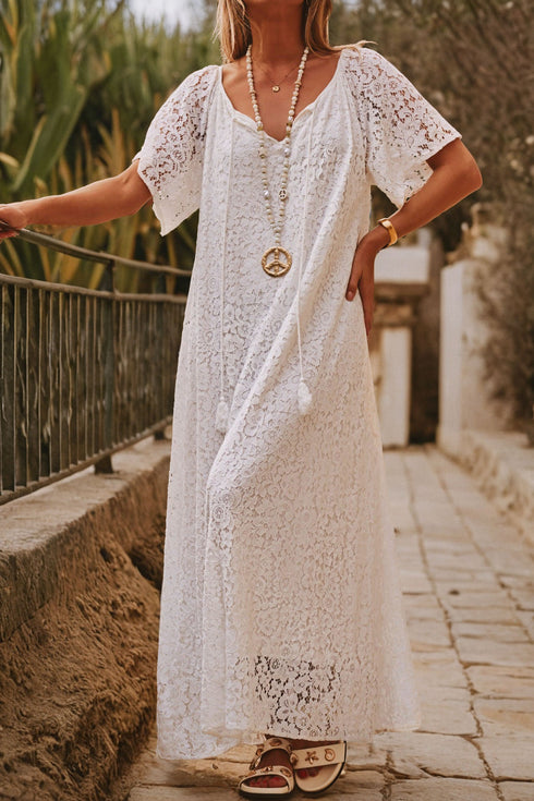 White Floral Lace Overlay Tassel Tie Short Sleeve Beach Vacation Loose Maxi Dress