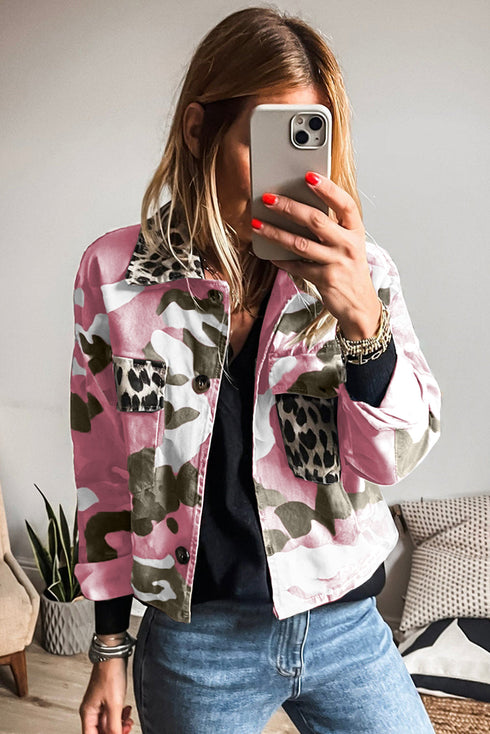Pink Camo Leopard Patchwork Flap Pocket Crop Jacket