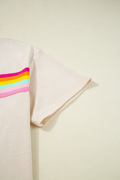 Beige Vibrant Striped Detail Athleisure 2pcs Short Set