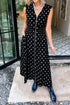 Black Polka Dot Print Contrast Trim V Neck Zip Up Sleeveless Dress