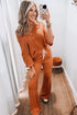 Grapefruit Orange Contrast Stitching Buttoned V Neck Half Sleeve Top and Drawstring Flare Pants Set