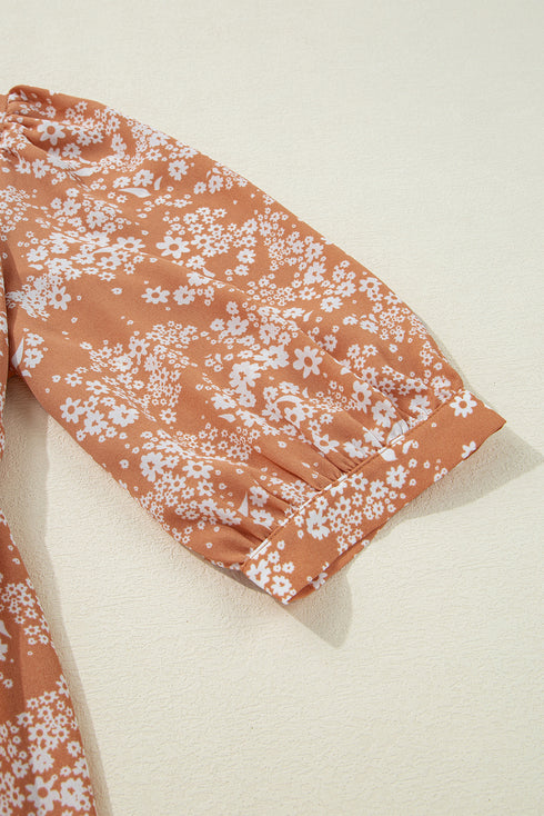 Yellow Floral Print Contrast Trim Button Tie Neck Swing Dress