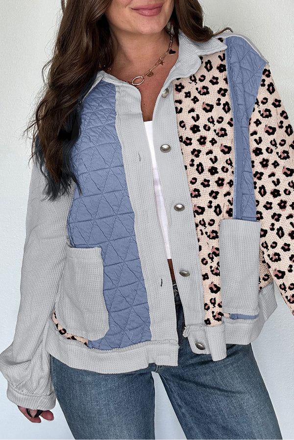 Sky Blue Leopard Waffle Quilted Patchwork Button Front Jacket