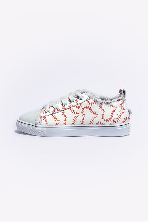 White Baseball Seam Printed Frayed Canvas Shoes