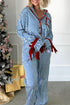 Blue Stripe Contrast Velvet Trim Bow Knot Waist 2pcs Pajama Set
