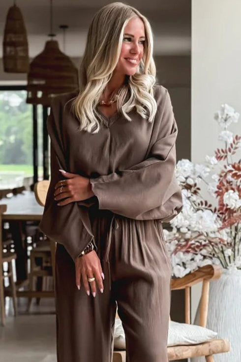 Dark Khaki Braided Trim V Neck Oversize Top Drawstring Pants Loose 2pcs Outfit