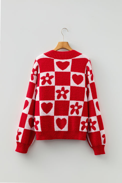 Fiery Red V Neck Flower Heart Detail Checkered Knit Loose Sweater