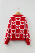 Fiery Red V Neck Flower Heart Detail Checkered Knit Loose Sweater