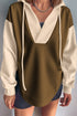 Breen Color Block Patchwork V Neck Drawstring Hoodie