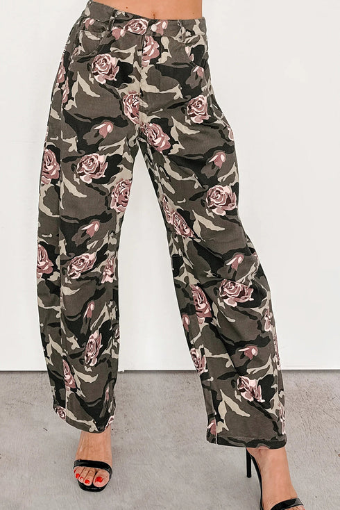 Green Camouglage Floral Print Boyfriend Casual Pants