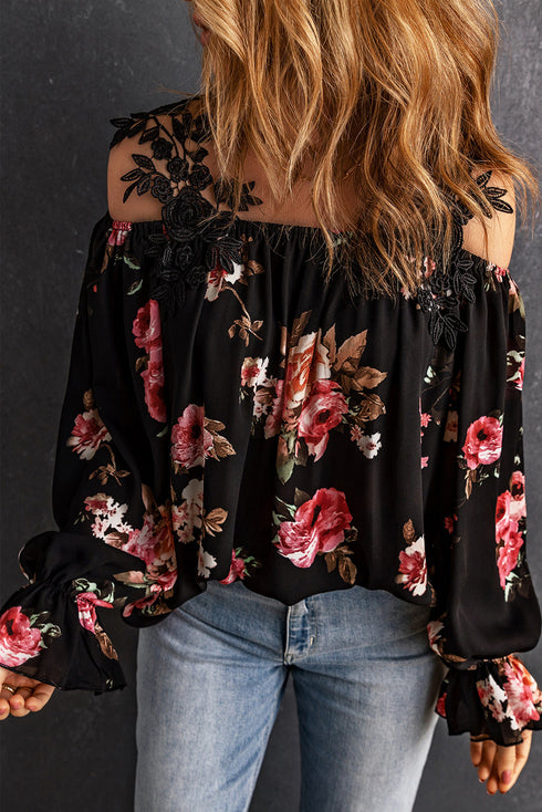 casual-feather-print-off-shoulder-strap-blouse