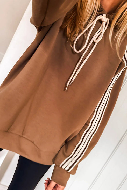 Chestnut Preppy Striped Detail Drawstring Baggy Hoodie