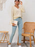 Apricot Ribbed Texture Lace Trim V Neck Long Sleeve Top