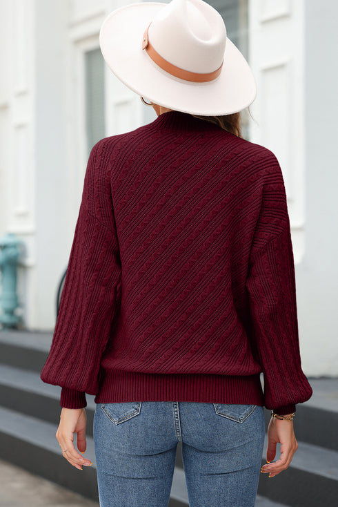 Red Dahlia Solid Color Textured Knit High Neck Drop Shoulder Sweater