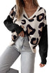 Black Leopard Print Color Block Patchwork Sleeve V Neck Sweater