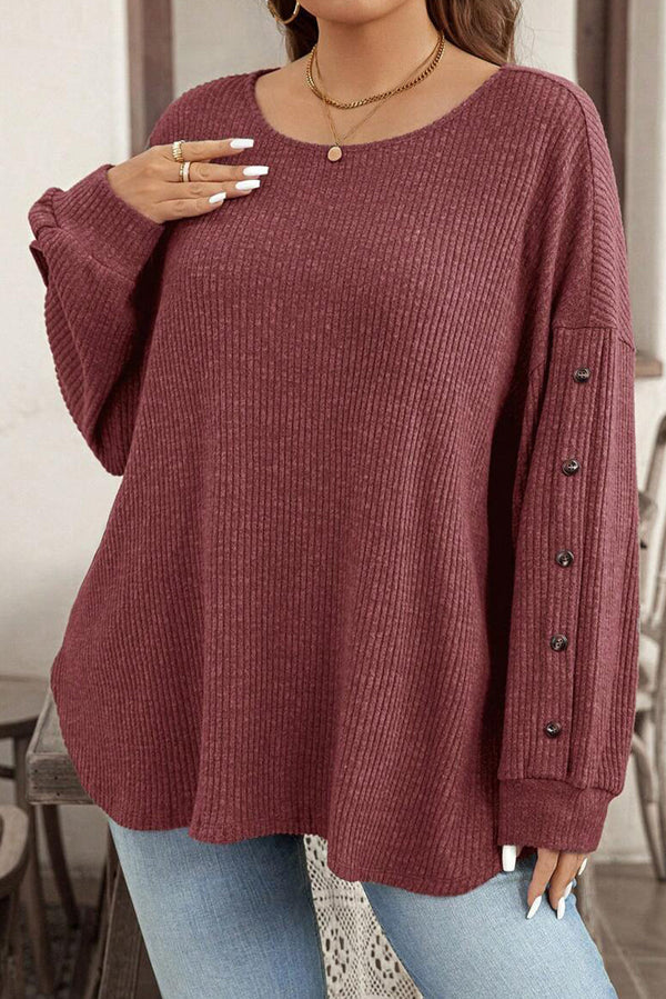Wild Ginger Plus Size Ribbed Button Decor Long Sleeve Loose Top