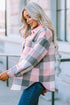 Pink Gray Plaid Color Block Buttoned Long Sleeve Jacket with Pocket