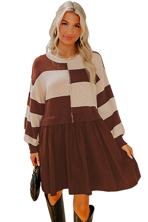Brown Stripe Two in One Knitted Top High Waist Splicing Hem Sweater Dress