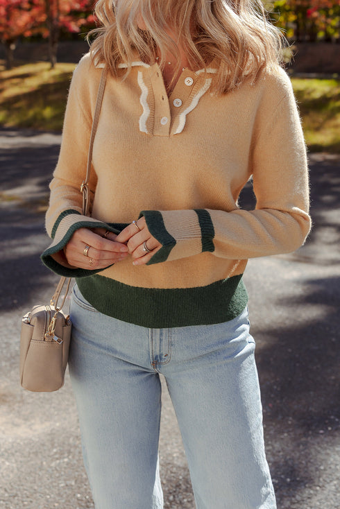 Light French Beige Contrast Trim Buttoned Collared Ruffled Sleeve Elegant Sweater