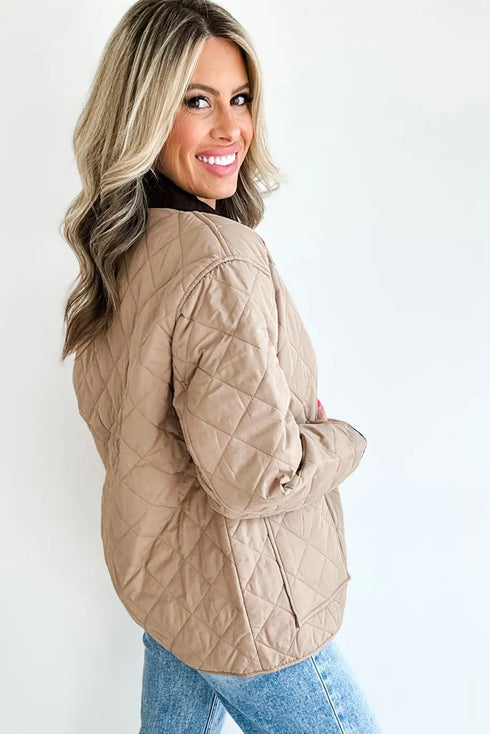 Parchment Snap Button Quilted Color Block Collar Pocketed Winter Jacket