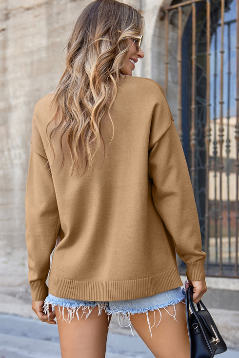 Light French Beige Front Center Seam Drop Shoulder Pullover Solid Sweater