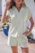 Khaki Stripe Dolman Sleeve Polo Shirt and Drawstring Shorts Set