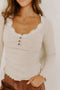 Beige Lace Neckline Button Decor Lettuce Edge Long Sleeve Ribbed Top