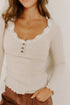Beige Lace Neckline Button Decor Lettuce Edge Long Sleeve Ribbed Top