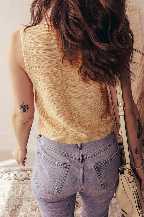 Pale Khaki Hollow out Trim Buttoned Front Boho Sweater Vest