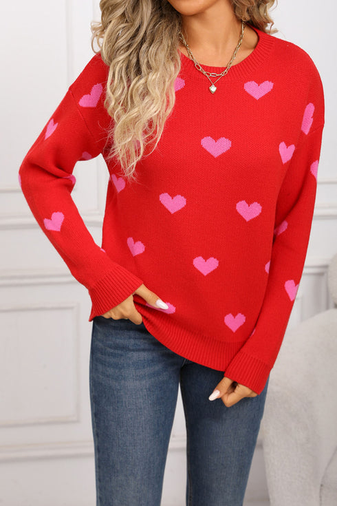 Rose Red Classic Round Neck Drop Shoulder Heart Print Sweater