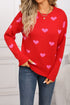 Rose Red Classic Round Neck Drop Shoulder Heart Print Sweater