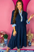 Navy Blue Contrast Frilled Trim V Neck 3/4 Ruffled Sleeve Flowy Midi Dress