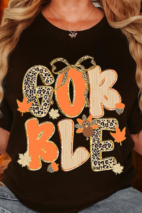 Black GOBBLE Leopard Letter Print Turkey Bow Graphic T Shirt