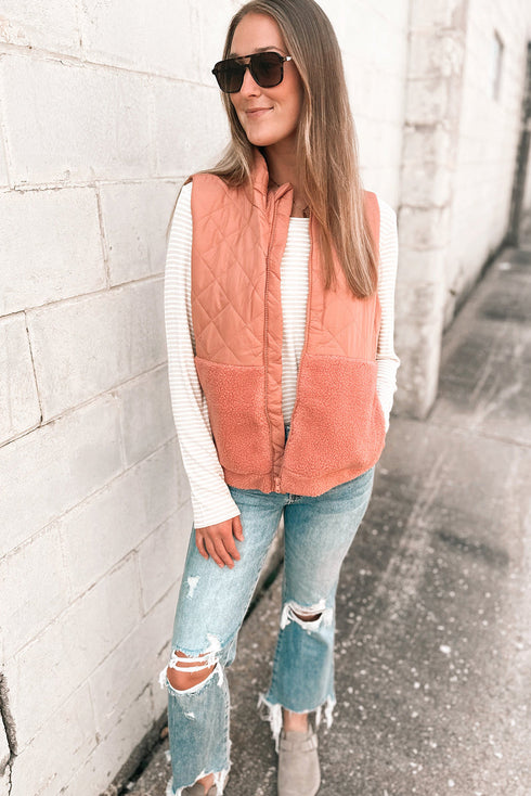 Pale Chestnut Sherpa Quilted Patchwork Zip Up Stand Neck Vest