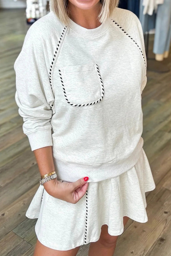 Light Grey Striped Piping Trim Raglan Sleeve Top Active Mini Skort 2pcs Set