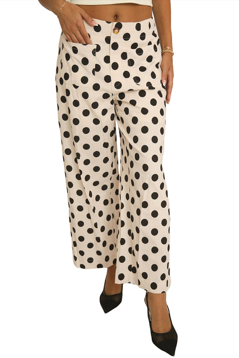 White Polka Dot Print Patched Pocket Loose Pants
