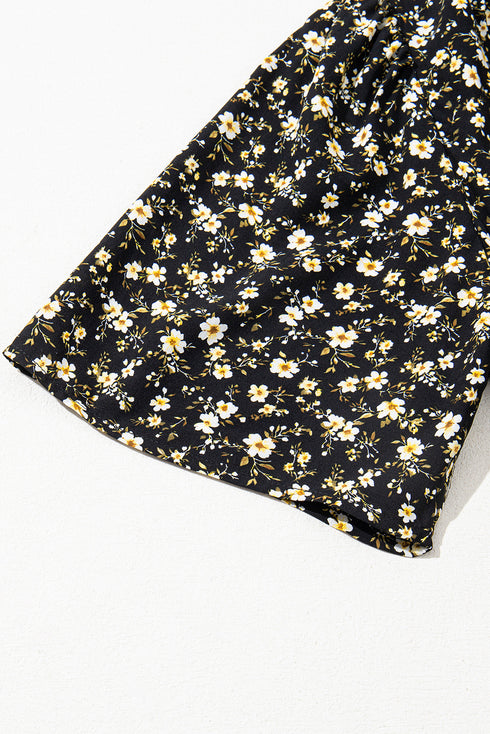 Black Floral Print Wrap V Neck Short Sleeve High Waistband Mini Dress