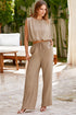 Pale Khaki Solid Color Keyhole Puffy Tank Drawstring Loose Pants 2pcs Outfit