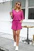 Rose Red Solid Color Waffled V Neck Loose Tee Drawstring Shorts Set