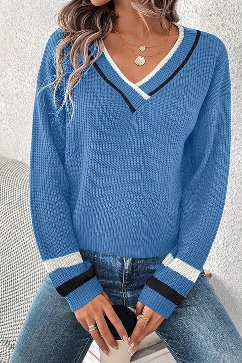 Blue Contrast Striped Trim V Neck Drop Shoulder Sweater