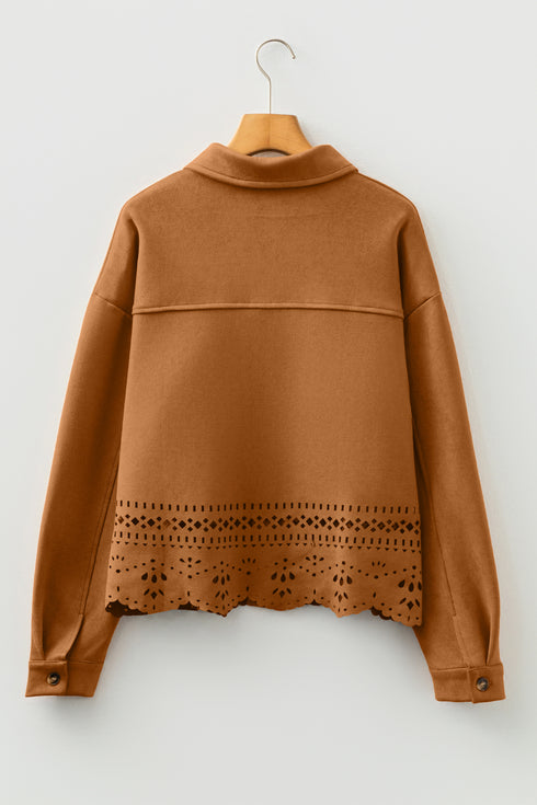 Thai Curry Solid Color Faux Suede Hollowed Detail Retro Style Jacket