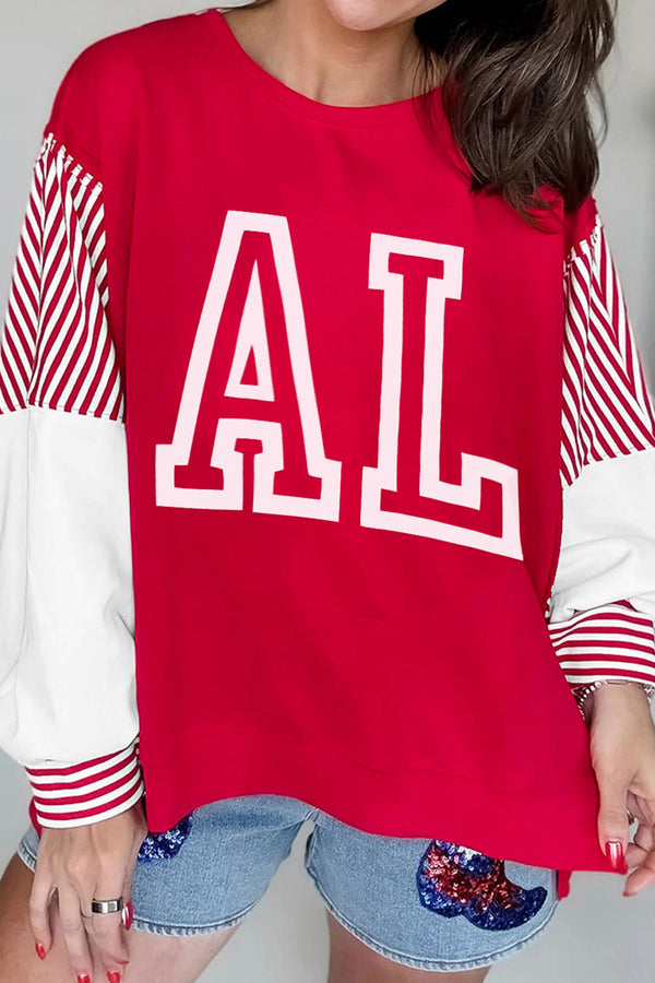 Fiery Red AL Letter Printed Color Block Striped Patchwork Baggy Sweatshirt