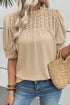 Parchment Textured Knit Eyelet Embroidered Patchwork Ruffled Neck Short Sleeve Blouse