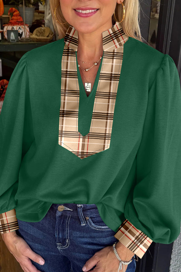 Blackish Green Contrast Plaid Patchwork V Neck Long Sleeve Blouse