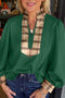 Blackish Green Contrast Plaid Patchwork V Neck Long Sleeve Blouse