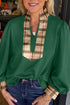 Blackish Green Contrast Plaid Patchwork V Neck Long Sleeve Blouse
